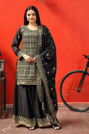 Black Embroidered Silk Sharara Suit Set