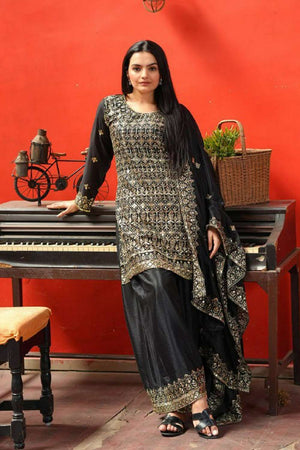 Black Embroidered Silk Sharara Suit Set