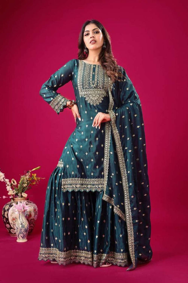 Blue Embroidered Silk Sharara Suit Set