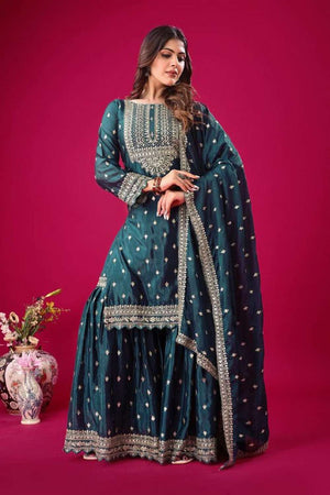 Blue Embroidered Silk Sharara Suit Set