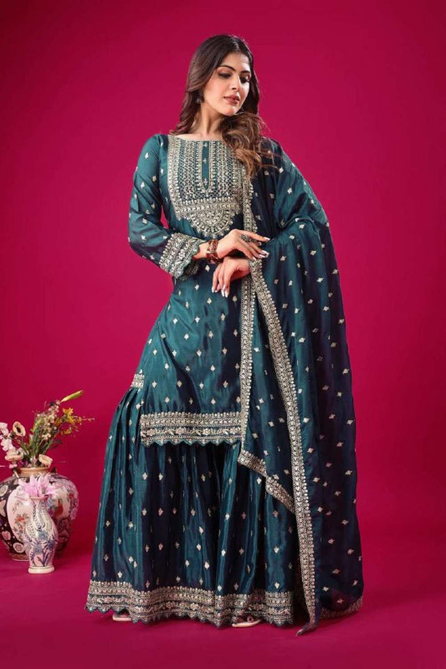 Blue Embroidered Silk Sharara Suit Set