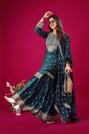 Blue Embroidered Silk Sharara Suit Set