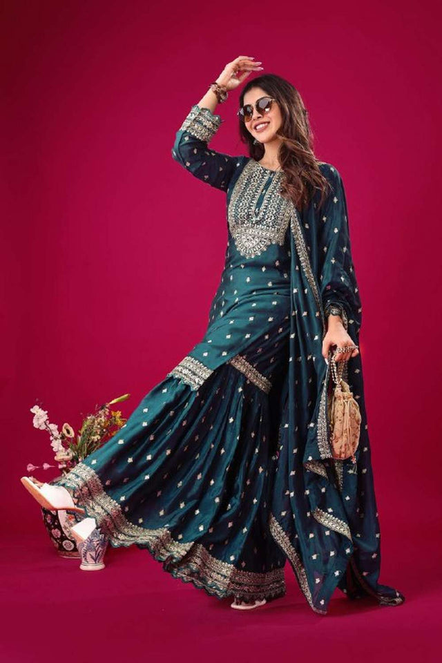 Blue Embroidered Silk Sharara Suit Set