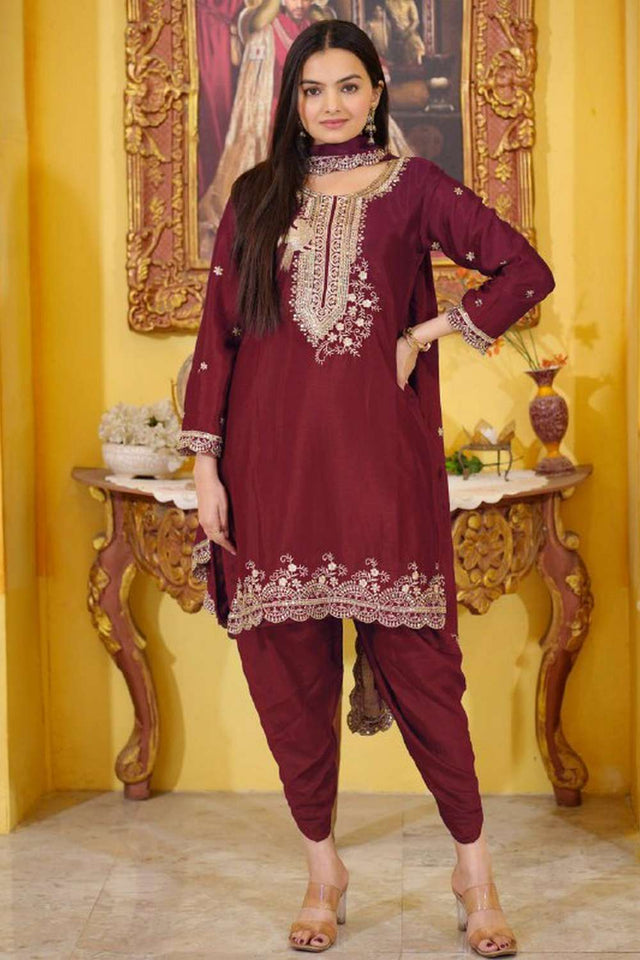 Maroon Embroidered Silk Patiala Suit Set