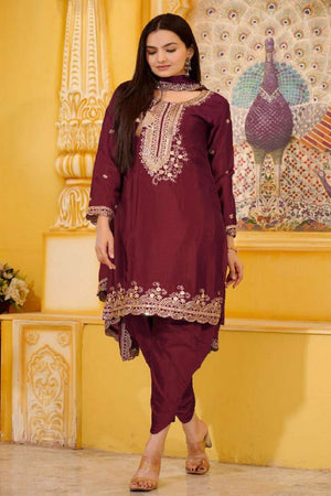 Maroon Embroidered Silk Patiala Suit Set