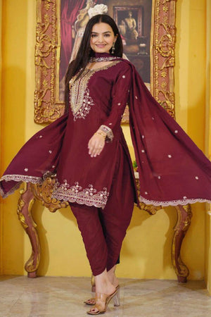 Maroon Embroidered Silk Patiala Suit Set