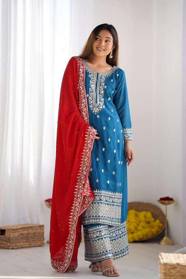Turquoise Embroidered Silk Kurti Pant Set