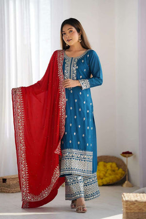 Turquoise Embroidered Silk Kurti Pant Set