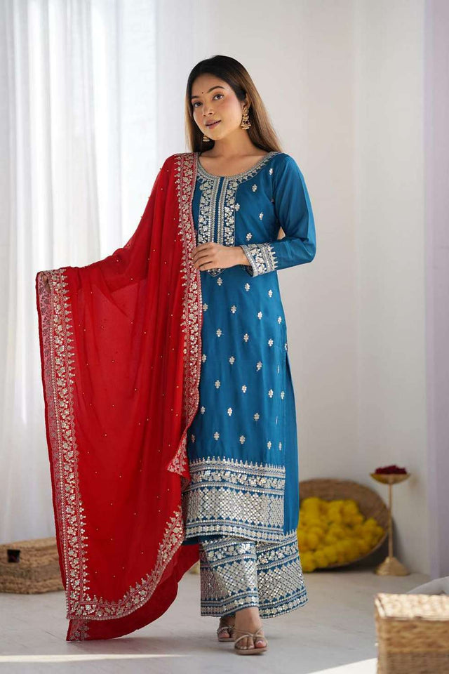 Turquoise Embroidered Silk Kurti Pant Set