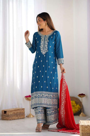 Turquoise Embroidered Silk Kurti Pant Set