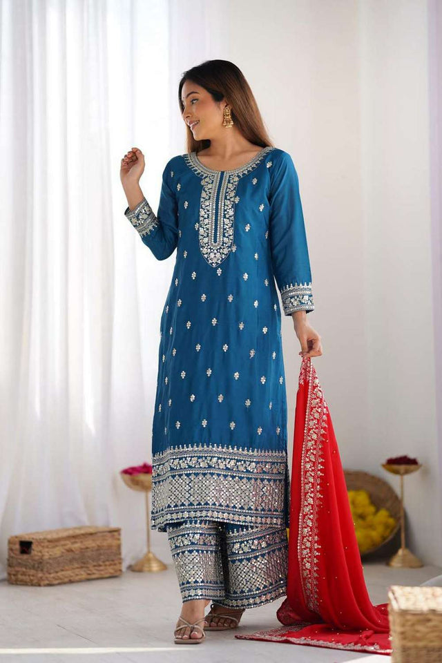 Turquoise Embroidered Silk Kurti Pant Set