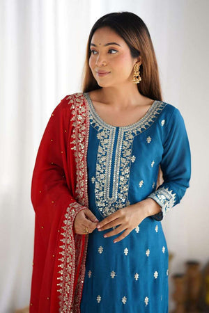 Turquoise Embroidered Silk Kurti Pant Set