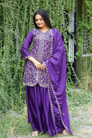 Violet Embroidered Silk Sharara Suit Set