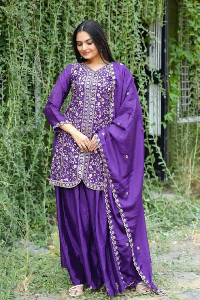 Violet Embroidered Silk Sharara Suit Set