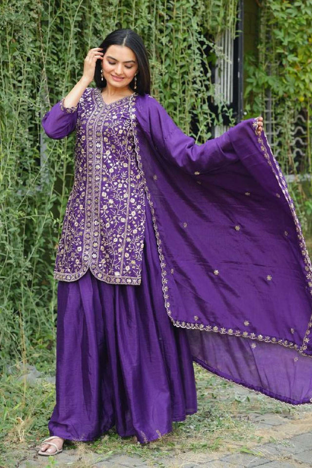 Violet Embroidered Silk Sharara Suit Set