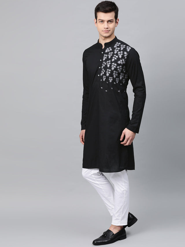 Men's Black Cotton Thread Work Embroidered Straight Kurta Top (Size: XS)