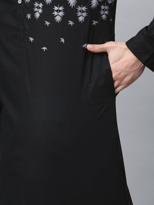 Men's Black Cotton Thread Work Embroidered Straight Kurta Top (Size: XS)