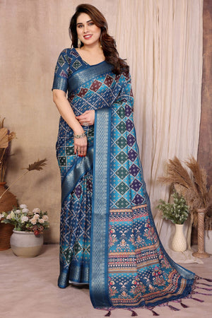 Blue Printed Cotton Silk Saree (BANDHEJ1-BLUE)