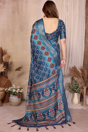 Blue Printed Cotton Silk Saree (BANDHEJ1-BLUE)