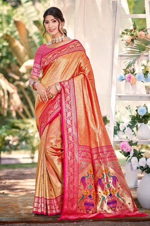 Pink Woven Silk Saree