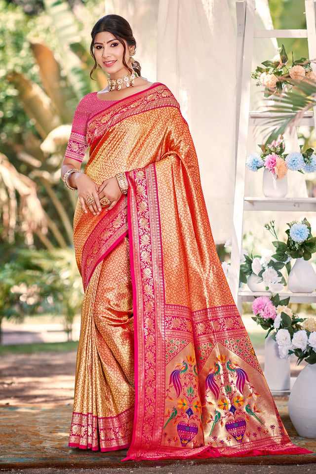 Pink Woven Silk Saree