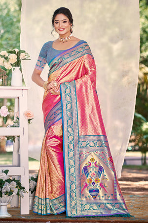 Pink Woven Silk Saree