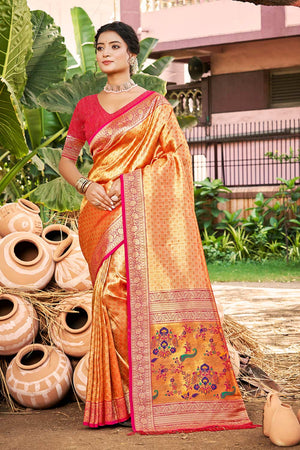 Pink Woven Silk Saree