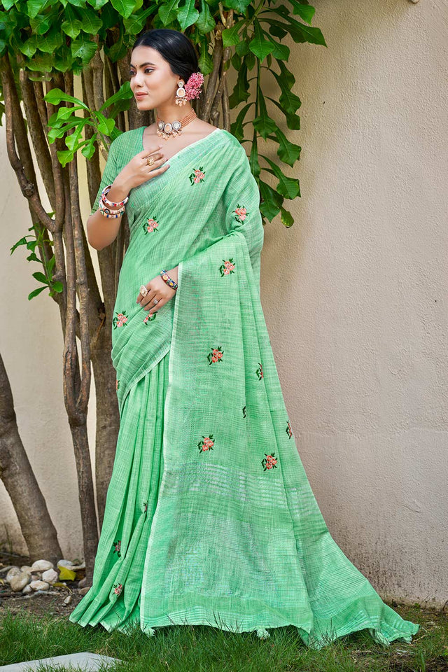Green Embroidered Linen Saree