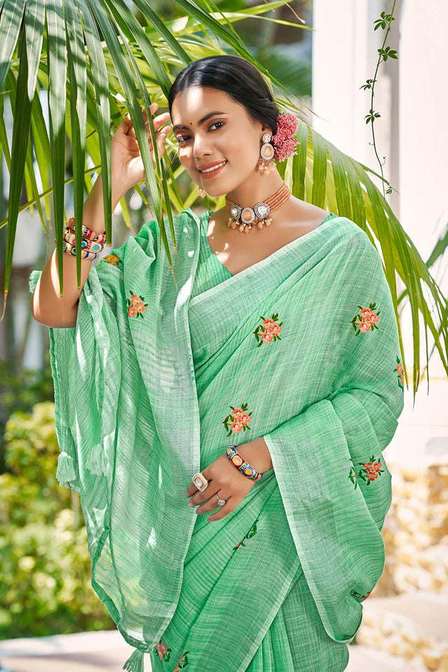 Green Embroidered Linen Saree