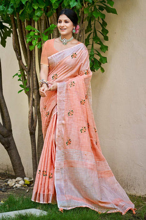 Peach Embroidered Linen Saree