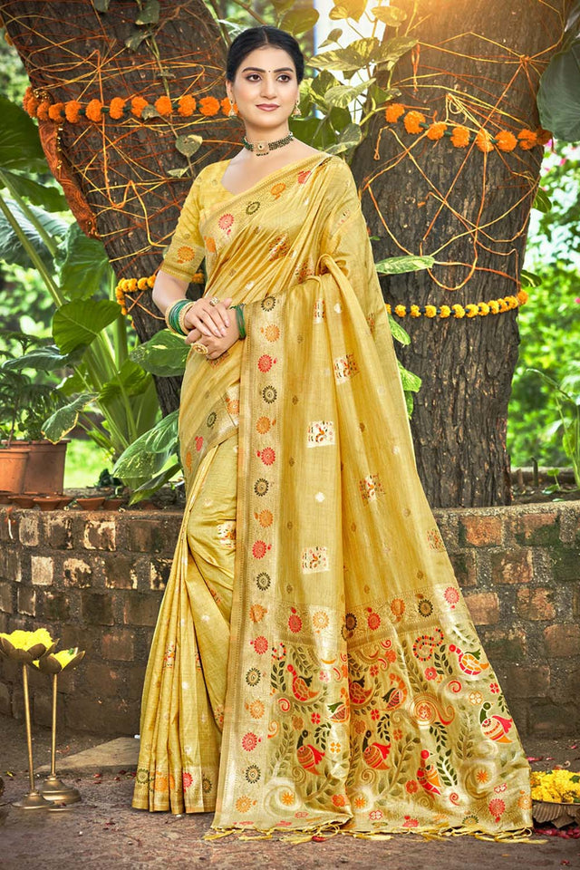 Yellow Woven Silk Saree