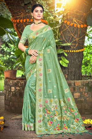 Sea Green Woven Silk Saree