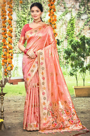 Peach Woven Silk Saree