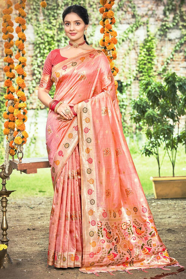 Peach Woven Silk Saree