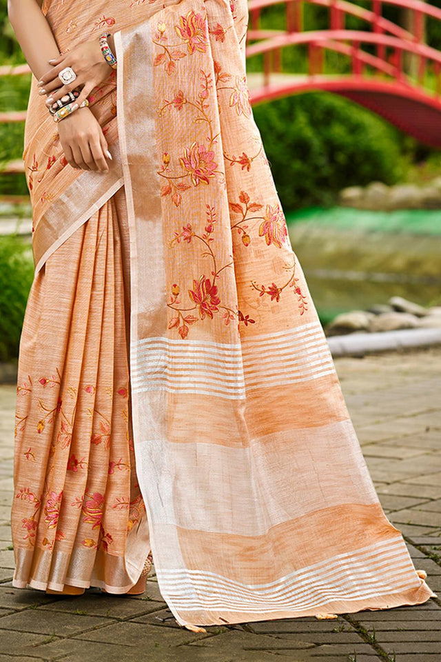 Peach Floral Printed Linen Saree