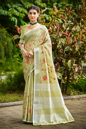 Green Floral Printed Linen Saree