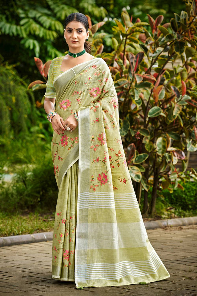 Green Floral Printed Linen Saree