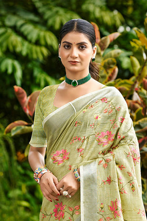 Green Floral Printed Linen Saree