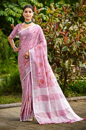 Lavender Floral Printed Linen Saree