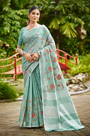 Green Floral Printed Linen Saree