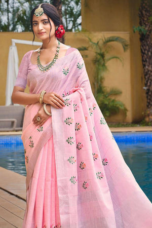 Light Pink Woven Linen Saree