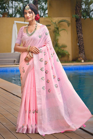 Light Pink Woven Linen Saree