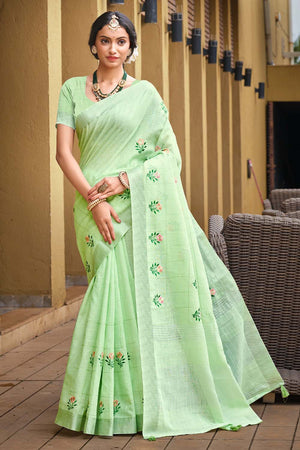Turquoise Woven Linen Saree