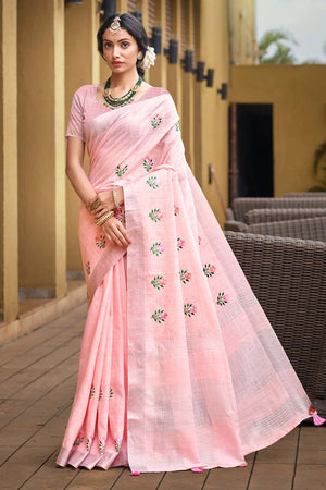Light Pink Woven Linen Saree