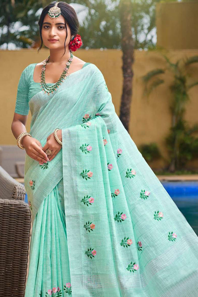 Blue Woven Linen Saree