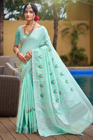 Blue Woven Linen Saree