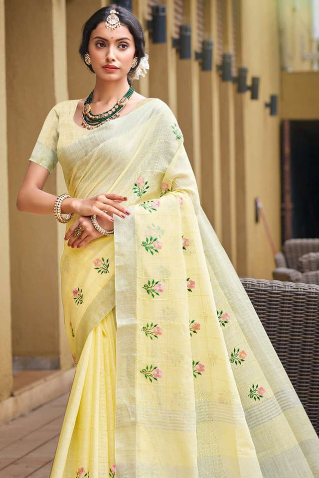 Yellow Woven Linen Saree