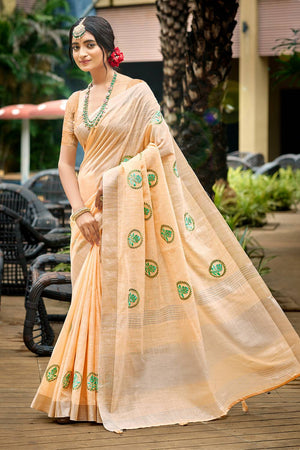 Peach Embroidered Linen Saree