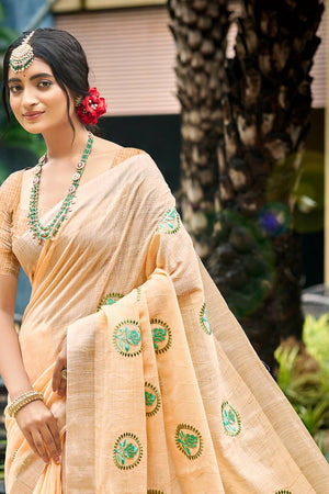 Peach Embroidered Linen Saree