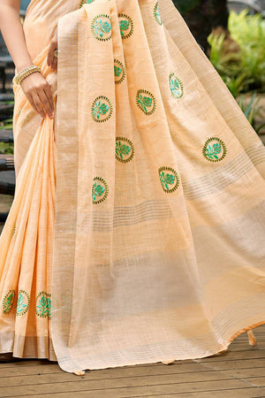 Peach Embroidered Linen Saree